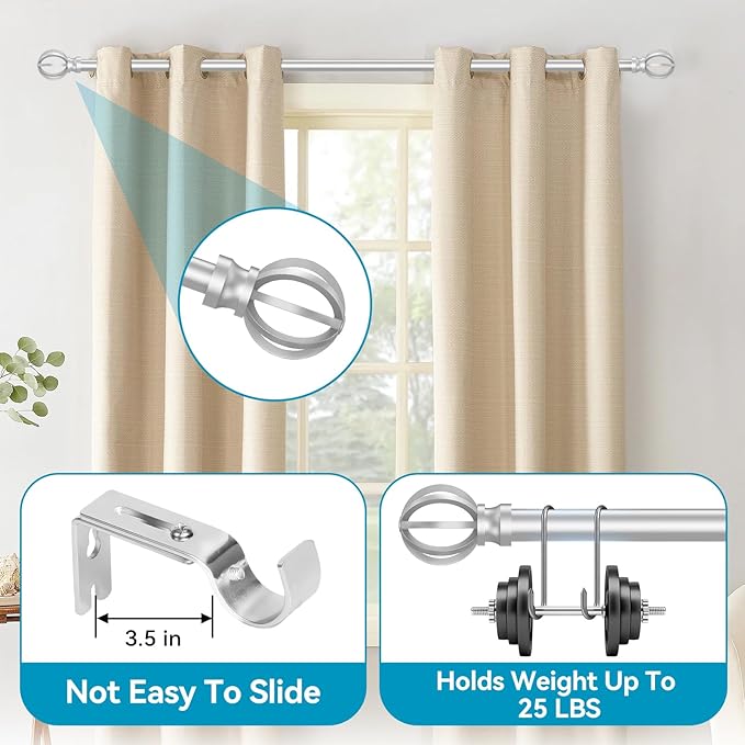 Silver Curtain Rods for Windows 28 to 48 Inch, 5/8" Diameter Heavy Duty Metal Adjustable Small Drapery Rod With Bracket