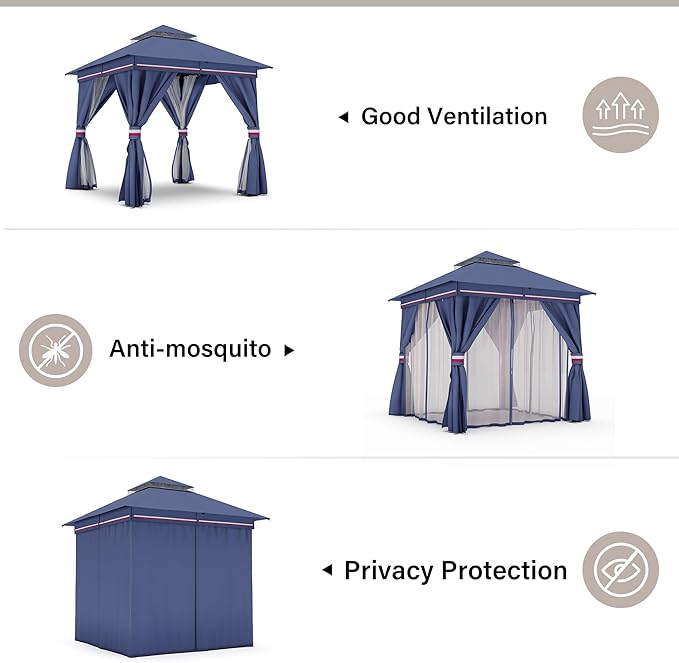 LAUSAINT HOME Semi-Permanent Outdoor Patio Gazebo 8'x8', Heavy Duty Party Tent Shelter with Double Roofs, Mosquito Nettings and Privacy Screens for Backyard, Garden, Lawn, Classic Blue