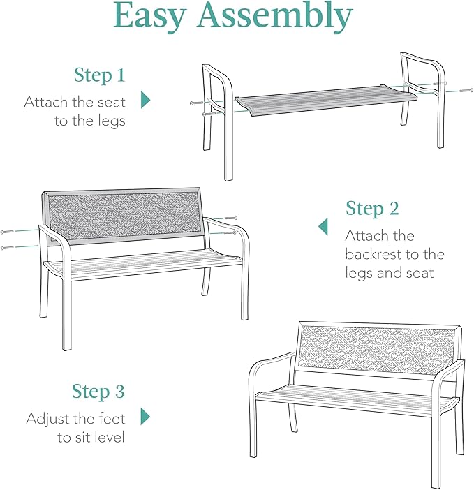 Best Choice Products Outdoor Bench 2-Person Metal Steel Benches Furniture for Garden, Patio, Porch, Entryway w/Geometric Backrest, 790lb Capacity – Gray