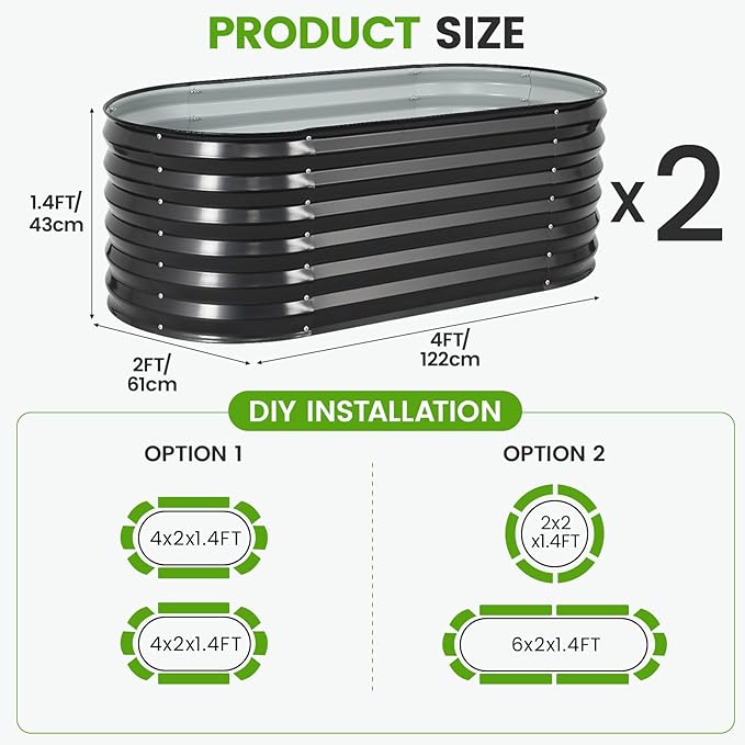Galvanized Raised Garden Bed Outdoor |17'' Tall Planter Box Outdoor for Deep Root Plants | 2Pcs Raised Bed Kit for Gardening with Rubber Strip for Vegetables Flowers Fruits (Darkgrey, 4x2x1.4FT)