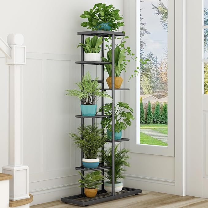 LINZINAR Plant Stand Metal 7 Tier 8 Potted Multiple Flower Pot Holder Shelf Indoor Outdoor Planter Display Shelving Unit for Patio Garden Corner Balcony Living Room, DarkGrey