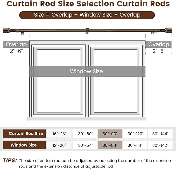 2 PACK 1” Diameter brown curtain rod Itself is 30 to 90 inch. 1 Pack Fits 30-84 inch Windows with Heavy Duty Adjustable brown curtain rods Splicing Metal Extra Long Curtain Rod
