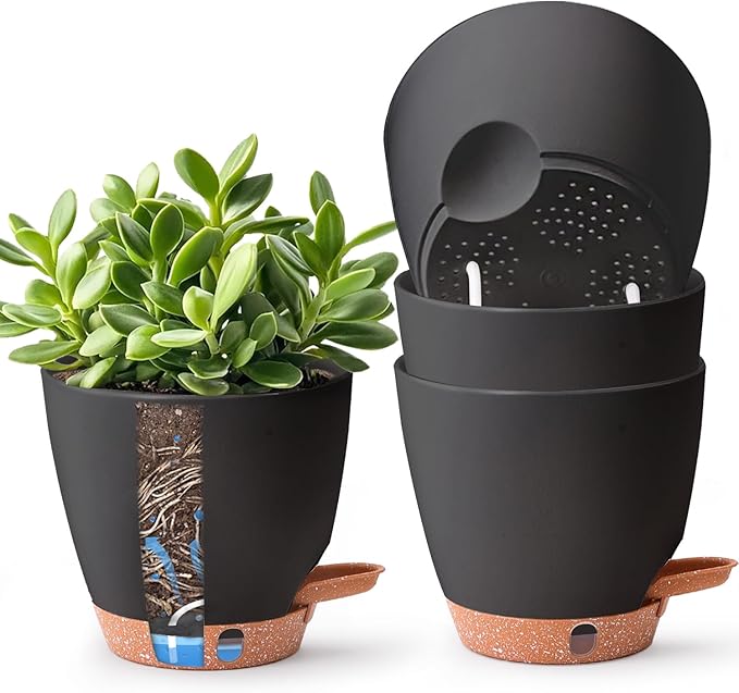 T4U 6 Inch Self Watering Pots for Indoor Plants - Mess-Free Bottom Watering Planter for Herbs/Pothos/Succulent Plants, Indoor Outdoor Use (Black, 4 Pack)