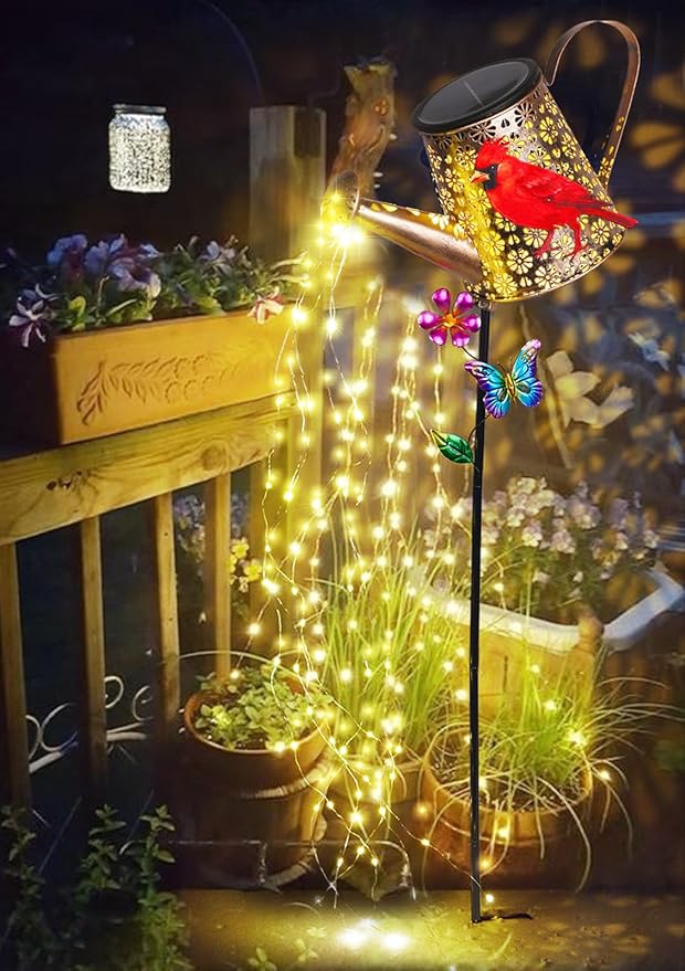 Solar Watering Can with Lights Outdoor Garden, 41in Large Red Cardinal Garden Stake Lights, Waterproof Decoration for Yard Lawn Pathway, Gifts for Mom Grandma Women Birthday Gardening Gift