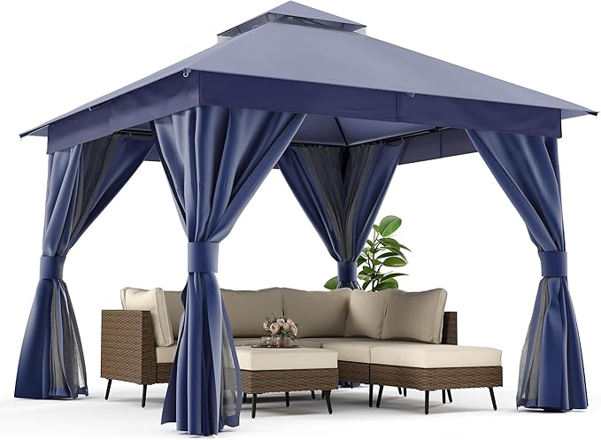LAUSAINT HOME Semi-Permanent Outdoor Patio Gazebo 10'x10', Heavy Duty Party Tent Shelter with Double Roofs, Mosquito Nettings and Privacy Screens for Backyard, Garden, Lawn, Navy Blue