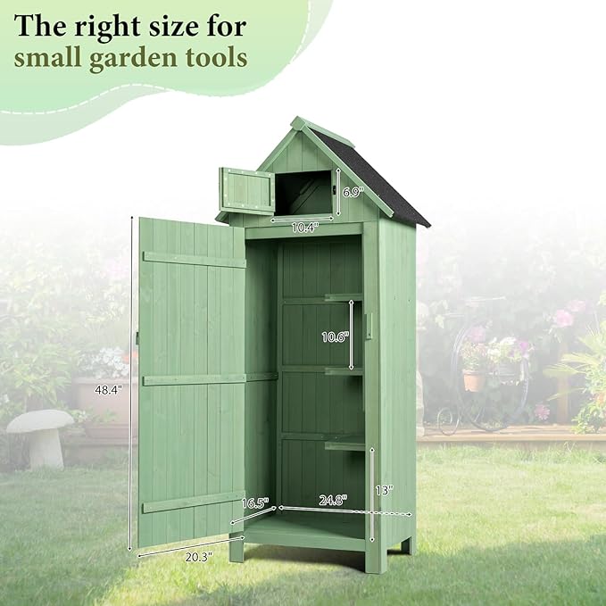 VINGLI Outdoor Wooden Storage Shed, Garden Shed Outside Tool Cabinet with Safety Latch, Patio Storage Organizer (Light Green)