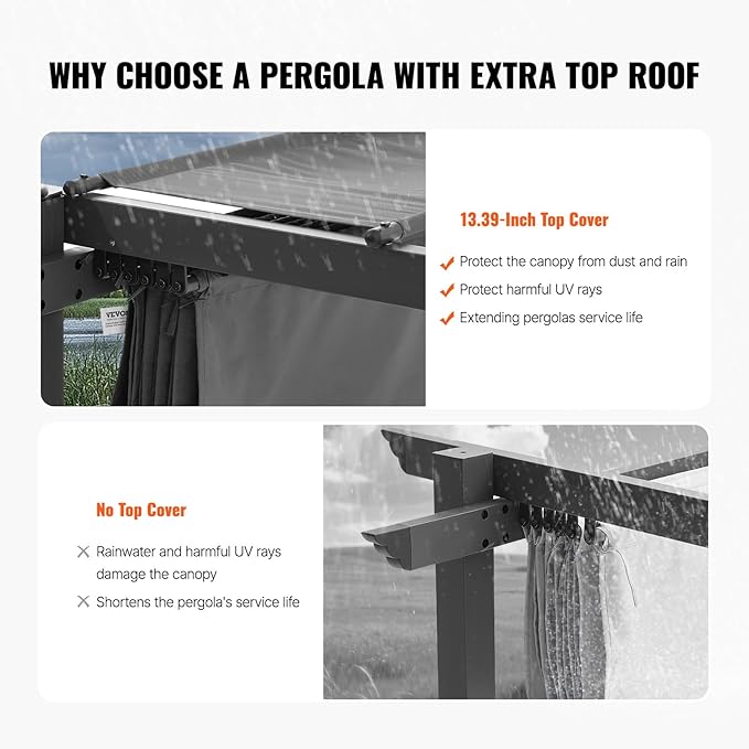 VEVOR 10'x10' Outdoor Retractable Pergola with Canopy, Aluminum Pergola with Retractable Canopy, Modern Style, Sun Shade for Patios, Gardens, Decks, Backyards (Gray)