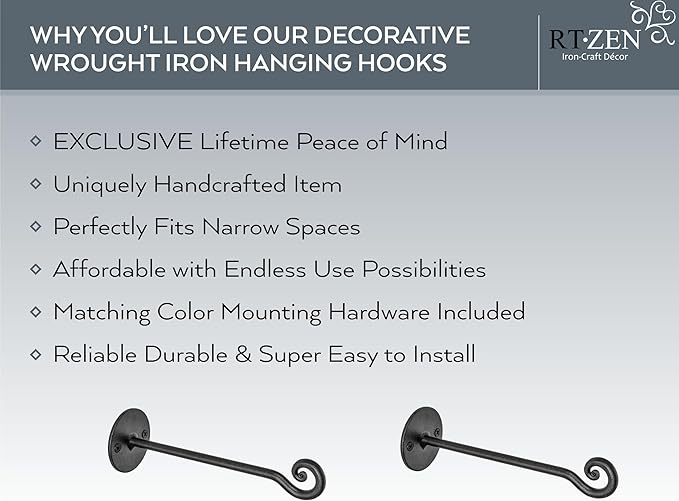 RTZEN Plant Hangers Indoor or Outdoor - Wrought Iron Metal Hanger Indoor Hook - Heavy Duty Wall Bracket Hooks for Hanging Plants Baskets Lanterns Wind Chimes - 2 Pack (Black Swirl Hooks)