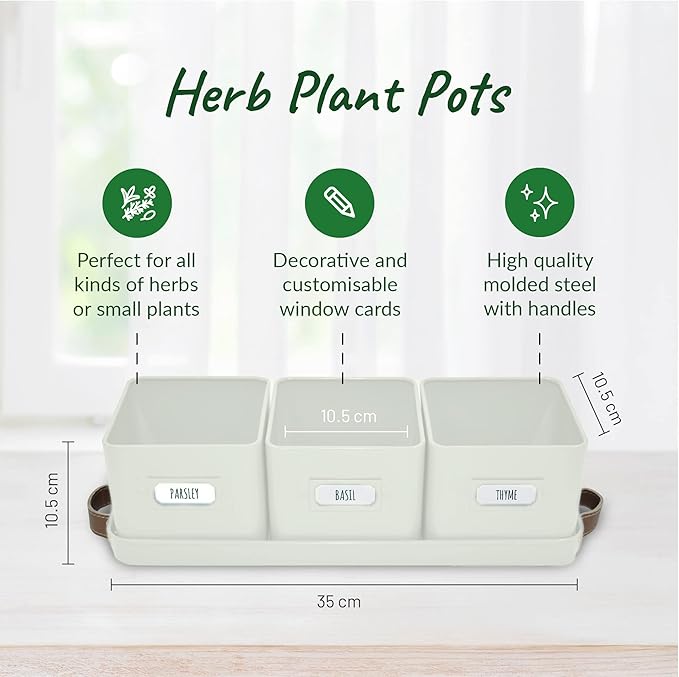volila Herb Planter Indoor - Set of 3 Warmstone Indoor Herb Garden Pots for Plants with Leather Handled Tray - Window Sill Plant Shelf - Herb Pots with Drainage Holes and Labels