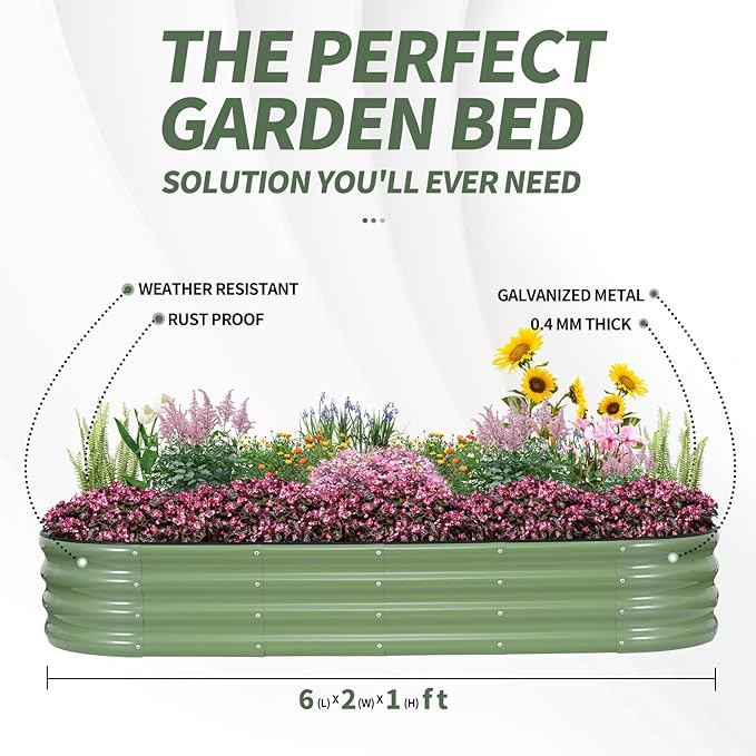 1MORE Galvanized Raised Garden Bed- Planter Garden Boxes Outdoor, Raised Beds for Gardening, 6x2x1ft Metal Garden Bed Kit for Vegetables Flower, Planter Raised Beds with Tools.Green