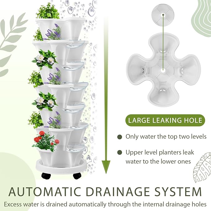 Umigy 2 Set of 7 Tier Vertical Planter Stackable Tower Planters Strawberry Herb Flower and Vegetable Pots Indoor Outdoor Gardening Pots with Removable Wheels and Tools(White,Classic)