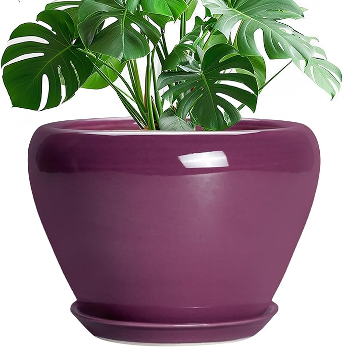 10 Inch Plant Pot - Ceramic Planter with Drainage Hole and Saucer, Round Modern Flower Pot for Indoor Outdoor Plants, Housewarming Gift, Home Garden Decor, Purple