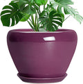10 Inch Plant Pot - Ceramic Planter with Drainage Hole and Saucer, Round Modern Flower Pot for Indoor Outdoor Plants, Housewarming Gift, Home Garden Decor, Purple