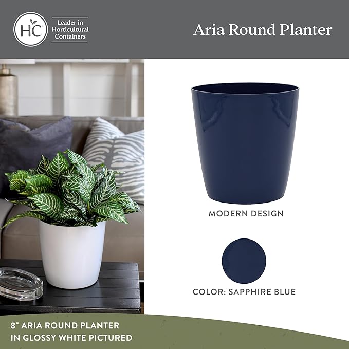 The HC Companies Aria Round Self-Watering Pot - Lightweight Plastic Planter for Herbs & More - Durable Plant Pots for Indoor Plants & Outdoor Plants (8" Sapphire Blue, Pack of 2)