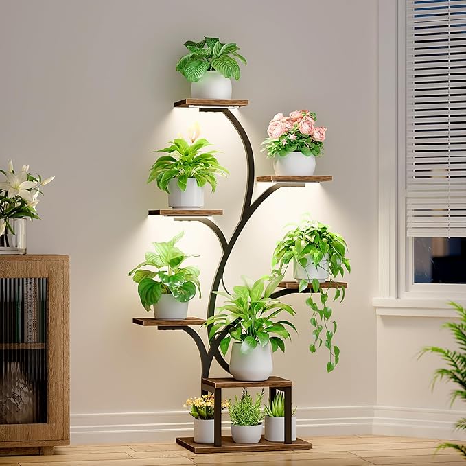 Plant Stand Indoor with Grow Lights, 7 Tiered Indoor Plant Shelf, 49" Corner Plant Stands for Indoor Plants, Metal Plant Flower Display Shelf, Tree-Shaped Plant Rack for Home, Patio, Brown
