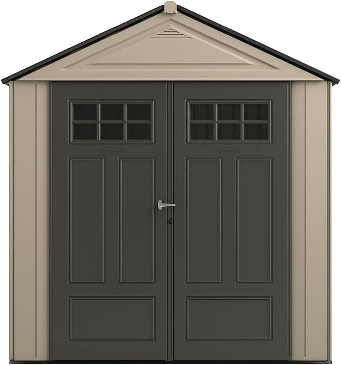Rubbermaid Resin Outdoor Storage Shed With Floor (7 x 3.5 Ft) Weather Resistant, Brown Gable, Organization for Home/Backyard/Garden Tools/Lawn Mower/Bike Storage/Pool Supplies