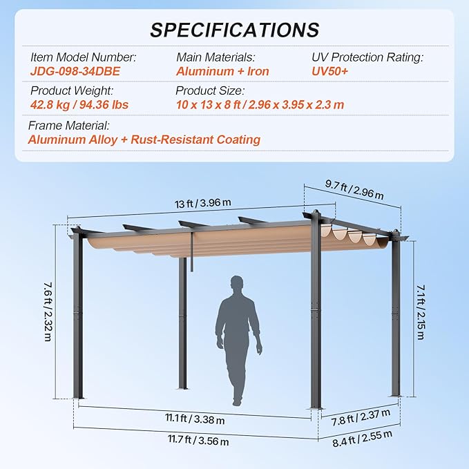 VEVOR 10'x13' Outdoor Retractable Pergola with Canopy, Aluminum Pergola with Retractable Canopy, Modern Style,Sun Shadefor Patios, Gardens, Decks, Backyards (Beige)