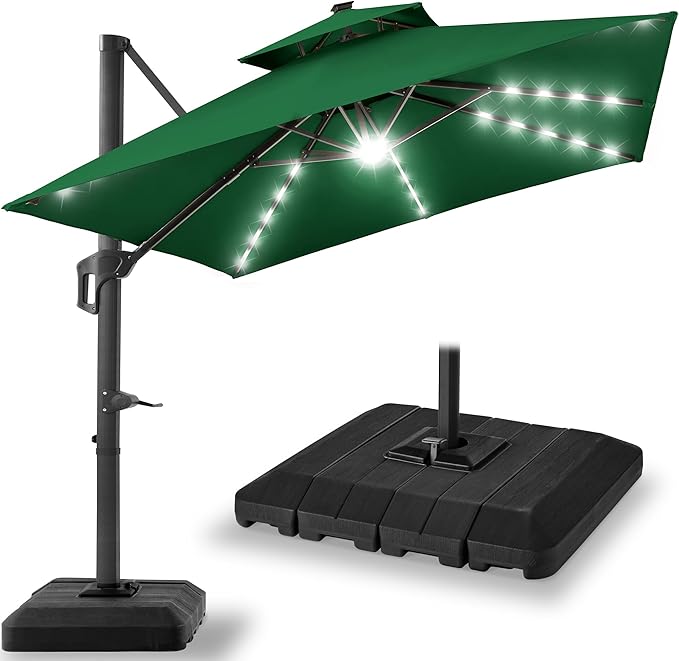 Best Choice Products 10x10ft Cantilever Patio Umbrella w/Base Included, Solar LED Lights 360 Rotation Large Offset Hanging Outdoor Shade for Deck Pool Backyard w/Stand – Green