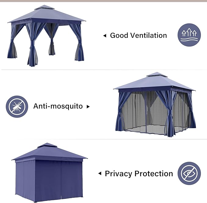 LAUSAINT HOME Semi-Permanent Outdoor Patio Gazebo 10'x10', Heavy Duty Party Tent Shelter with Double Roofs, Mosquito Nettings and Privacy Screens for Backyard, Garden, Lawn, Navy Blue