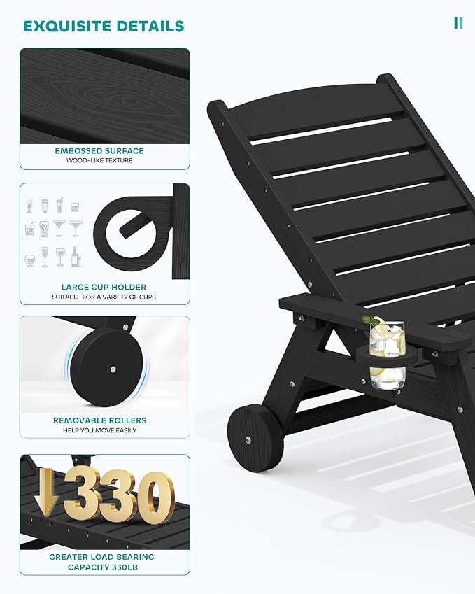 SERWALL Patio Chaise Lounge Chair Set of 2 with 9FT Patio Umbrella, 78'' HDPE Outdoor Lounger, Poly Lounge Chair with Rolling Wheels & Cup Holder for Pool,Obsidian Black (Umbreall Base not Included)