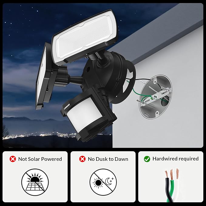 LEPOWER LED Security Lights Motion Sensor Light Outdoor, 30W 3200LM Motion Security Light, 5500K, IP65 Waterproof, 2 Head Motion Detector Flood Light for Garage, Yard, Porch, Black (Not Solar Powered)