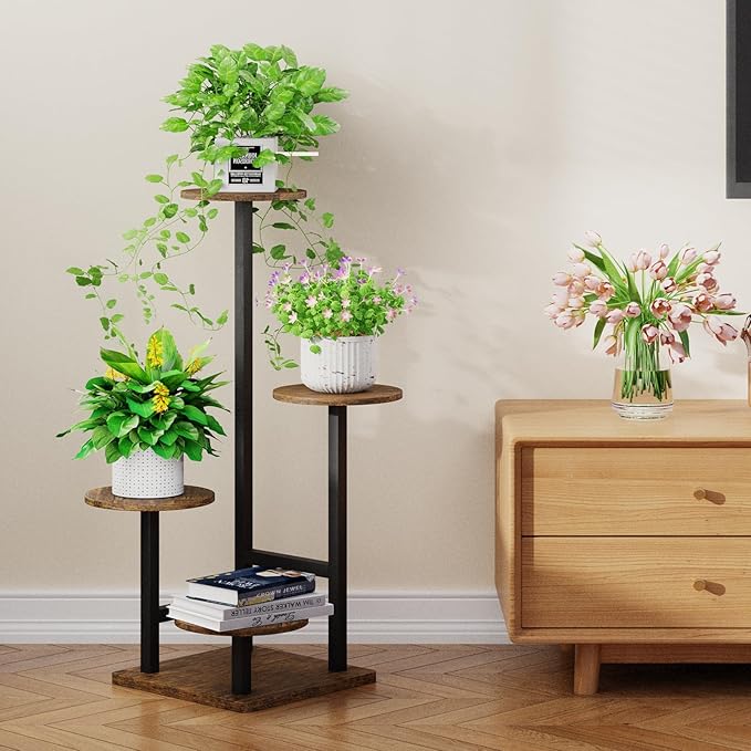 Plant Stand Indoor with Grow Light,4-Tiered Tall Plant Stand Indoor, Metal Plant Shelf with Adjustable Light, Ideal for Living Room, Garden, Patio (Black Brown)