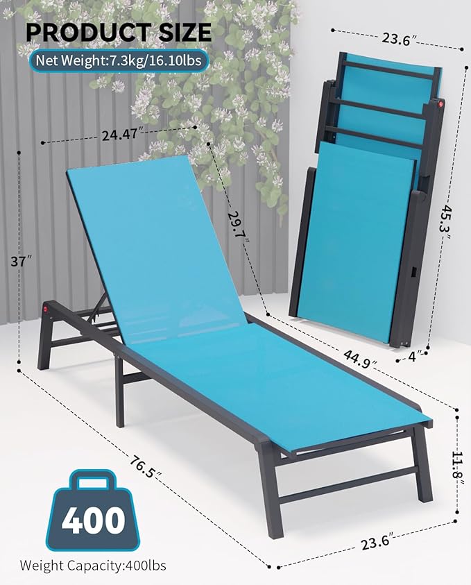 Aluminum Chaise Lounge Chair Outdoor, Foldable Patio Lounge Chair Assemble-Free, Pool Lounge Chairs with 5 Adjustable Backrest, Outdoor Lounge Chairs for Outside Poolside Beach Lawn Blue