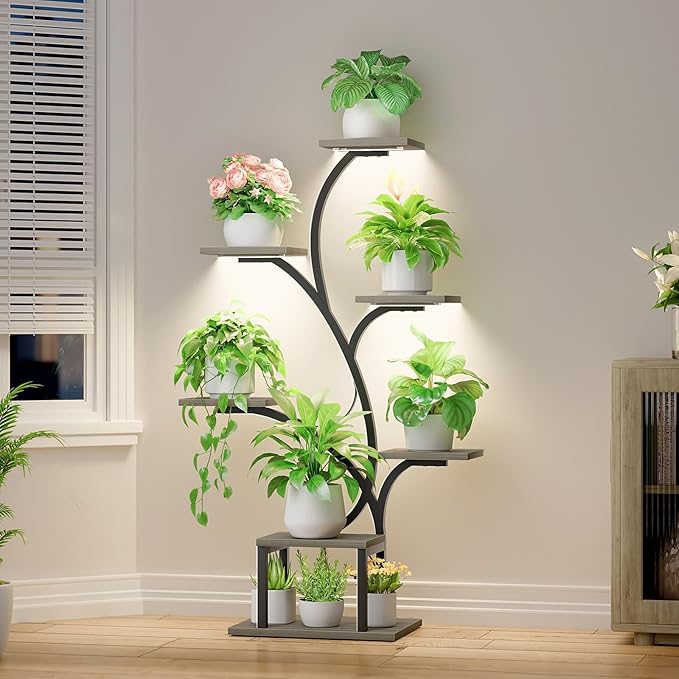 Plant Stand Indoor with Grow Lights, 7 Tiered Indoor Plant Shelf, 49" Corner Plant Stands for Indoor Plants, Metal Plant Flower Display Shelf, Tree-Shaped Plant Rack for Home, Patio, Grey
