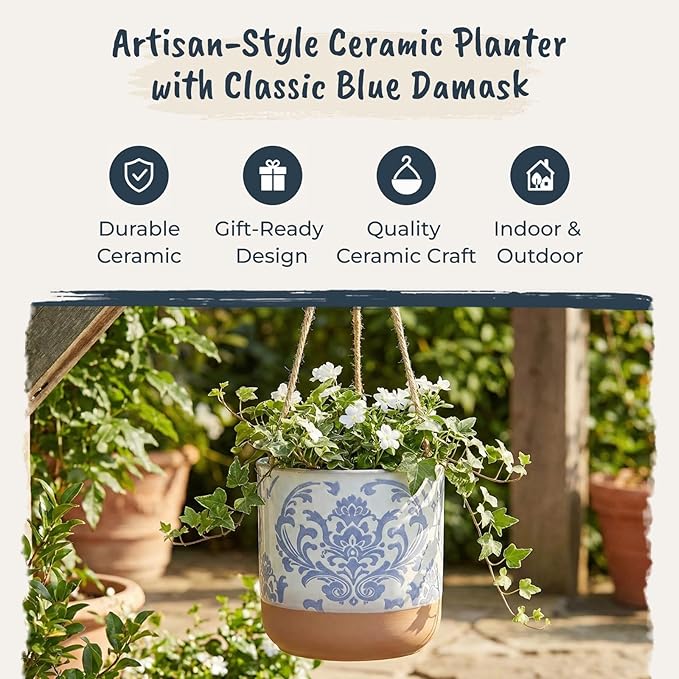Blue Sky Clayworks 5" Hanging Chantel Blue Planter, Ceramic, 6" x 6" x 5", Soft Blue Damask & Clay Foot