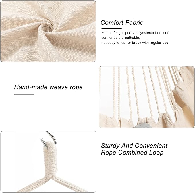 Hammock Chair, Hanging Rope Swing Seat with 2 Cushions,Macrame Hanging Chair Side Pocket with High Load-Bearing Metal Rod,for Indoor, Outdoor, Extra Comfortable