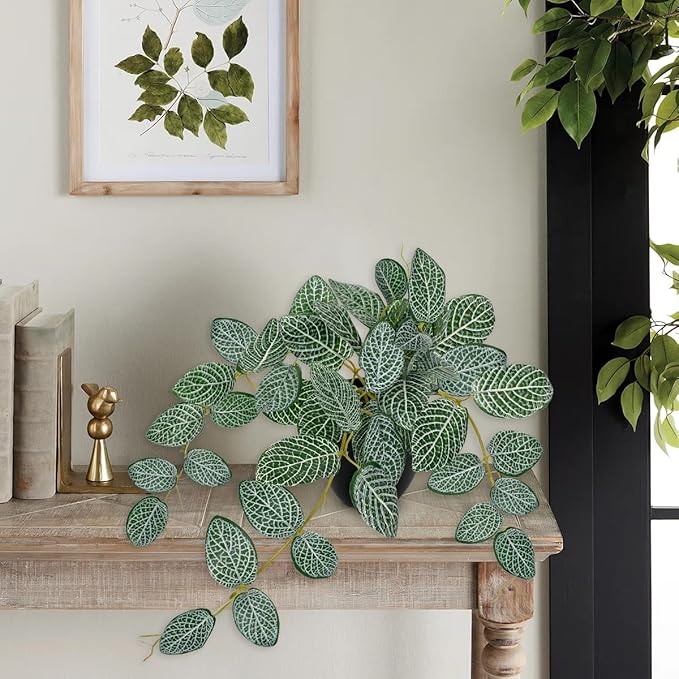 17.7" Artificial Plants Indoor Home Decor, Fake Potted Silk Plants for Shelves, Desks, Living Room, Home & Office Decor, Small Artificial Ivy Vine Nerve Plant in Pot, Faux Greenery Tropical Plant