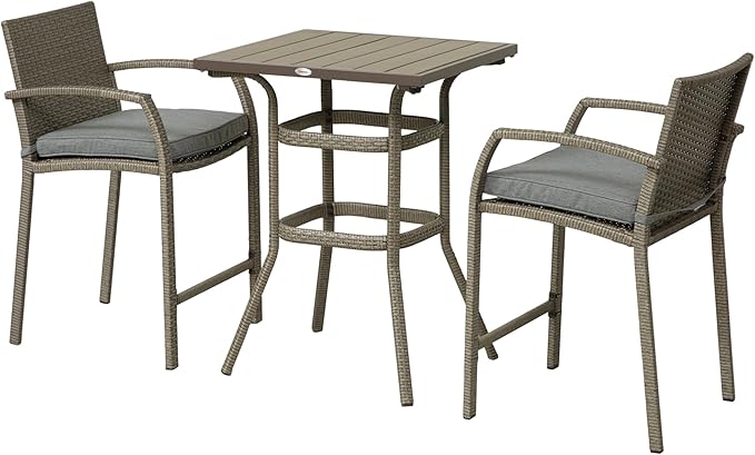 Outsunny 3 PCS Rattan Wicker Bar Set with Wood Grain Top Table and 2 Bar Stools for Outdoor, Patio, Poolside, Garden, Grey