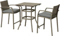 Outsunny 3 PCS Rattan Wicker Bar Set with Wood Grain Top Table and 2 Bar Stools for Outdoor, Patio, Poolside, Garden, Grey