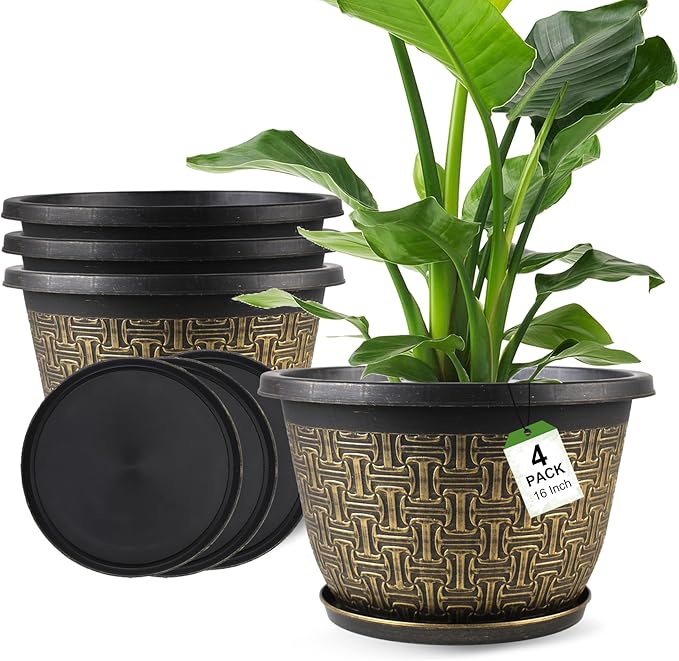 4 Pack 16 Inch Planter,Large Plastic Flower Pots Outdoor Indoor with Drainage Holes & Trays, Retro Antique Imitation Decorative Garden Plant Pots Outdoor for Houseplants