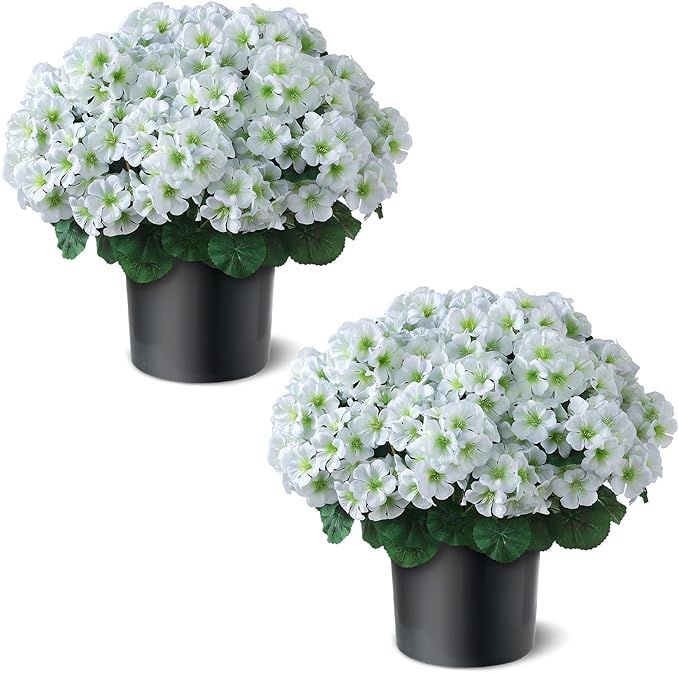 2 Pack Artificial Geranium Flowers Topitary Trees for Outdoors, UV Resistant Geraniums Potted Bushes Look Real Silk Faux Plants for Front Door Garden Porch Planter Farmhouse Home Decor (White)