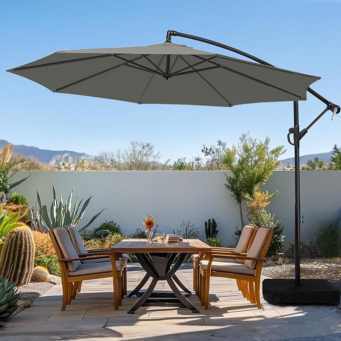 wikiwiki 10ft Patio Umbrella with Base Included, Outdoor Offset Cantilever Umbrella with Sandbag Base for Backyard, Garden and Pool, Easy to Tilt and Crank, Dark Gray