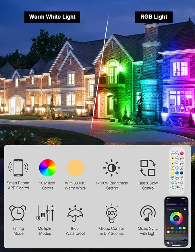 Spot Lights Outdoor, Smart RGBW LED Color Changing Landscape Lighting with APP and Remote Control, Music Mode, DIY Scenes, Timing, IP65 Waterproof Spotlight Plug in for Yard Garden, 4 Pack