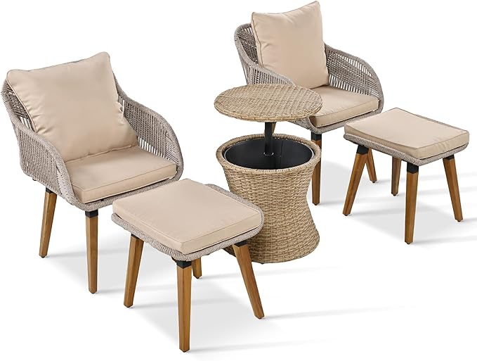 Merax 5 Pieces Patio Furniture Chair Sets, Patio Conversation Set with Wicker Cool Bar Table, Ottomans,Outdoor Furniture Bistro Sets for Porch,Backyard,Balcony,Poolside Brown
