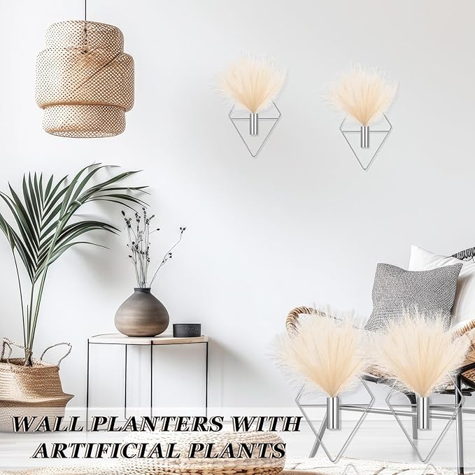2 Pieces Wall Decor Hanging Planters with Artificial Plants Metal Hanging Vase Indoor Plants Holder Modern Boho Wall Art for Bathroom Bedroom Living Room Decor(Silver,Pampas Grass)
