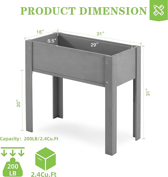 Raised Garden Bed with Legs, 31x16x31'', Outdoor Wood Elevated Planter Box, Grey Cedar, Thick Legs, w/Liner