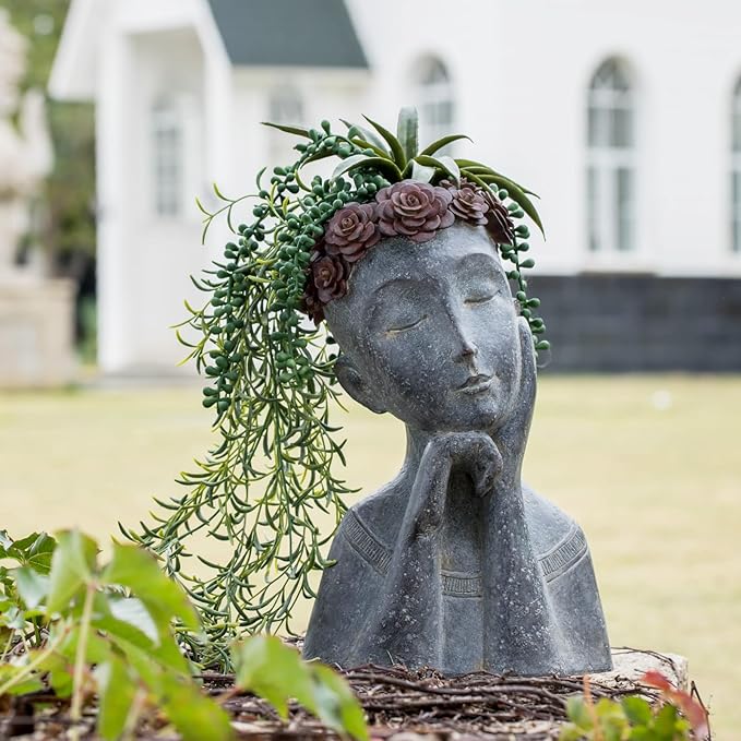 Newman House Studio Succulents Face Planters Pots Head - Flower Pot with Drainage Hole Face Head Large Garden Farmhouse Decor 9.4 x 7.2 x 13.9 inch