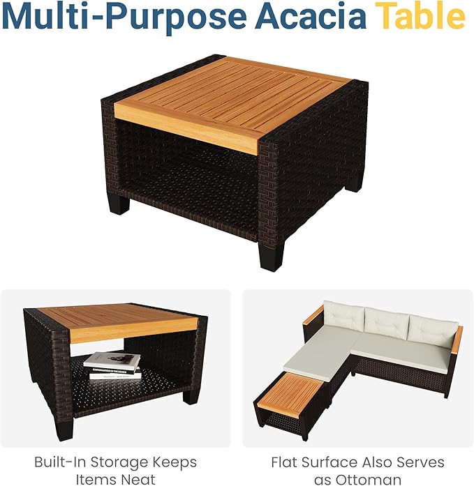 Wisteria Lane Small Patio Furniture Set, All-Weather Wicker Outdoor Sectional with Cushions, L Shape Outdoor Couch with Storage Table, 3 Piece PE Rattan Patio Furniture for Balcony, Beige