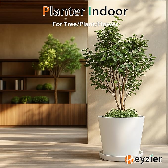 Wide Planters for Outdoor Plants, Extra Large Indoor Flower Pots for Garden, Front Porch, Patio - Round Resin Planter Set of 2 (White, 16 inch - 2 Pack with Saucers)