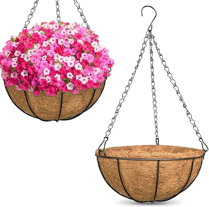 ZeeDix 2 Pack 16 Inch Large Hanging Baskets for Plants Outdoor with Coconut Liners Replacement, Hanging planters Baskets with Natural Coco Liner for Outdoor Indoor Planters Flowers Vegetables