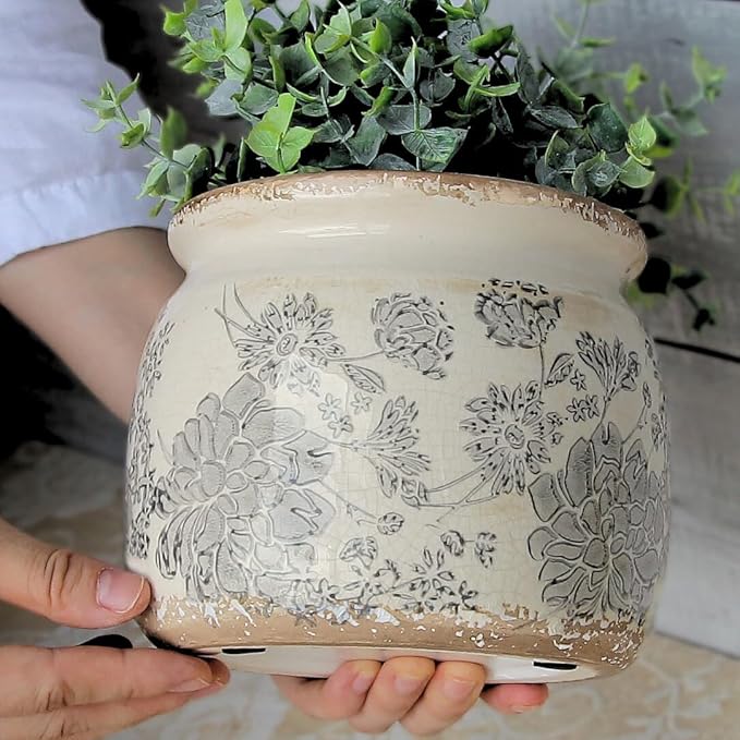 Modern Farmhouse Ceramic Planter for Home Decor, 6.29 Inch Vintage Plant Pot Indoor with Drainage Hole for Succulent Rosemary Plant, Distressed Pottery Vase for Office Balcony Decoration & Gift (Gray)