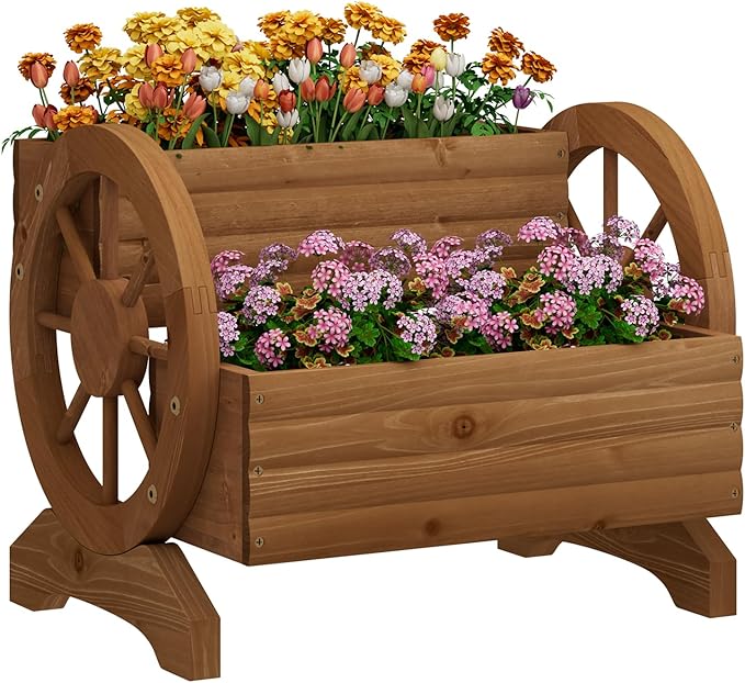 Wooden Wagon Planter Flower Cart with Wheels Garden Box Garden Planter, Decorative Planter for Flowers Herbs Vegetables for Indoor & Outdoor Décor Flower Cart for Patio Garden Balcony (Brown)