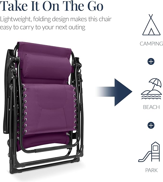 Best Choice Products Oversized Padded Zero Gravity Chair, Folding Outdoor Patio Recliner, XL Anti Gravity Lounger for Backyard w/Headrest, Cup Holder, Side Tray, Polyester Mesh - Amethyst Purple