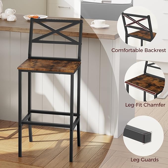 Bar Stools, Set of 2 Bar Chairs with Backrest and Footrest, 26" Tall Counter Bar Stools, Kitchen Breakfast Bar Chairs, Easy Assembly, for Dining Room, Rustic Brown BAHR0901N1