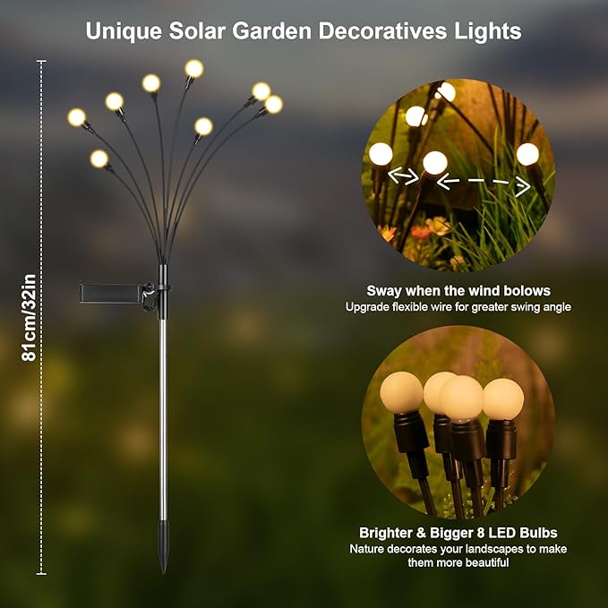 ASMAD Solar Lights Outdoor(2 Pack-16 LEDs), Solar Garden Lights, Outdoor Decorations, Firefly Light for Patio Decor, Big Bulb, Unique Gifts for Women, Gifts for Grandma