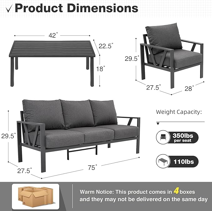 Outdoor Patio Furniture Set, 4 Pieces Metal Patio Furniture Set with Coffee Table, Modern Outdoor Conversation Seating with 6.5" Thick Cushions, Dark Grey